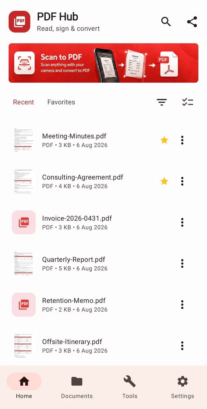 PDFHub home with recent sample documents and favourites