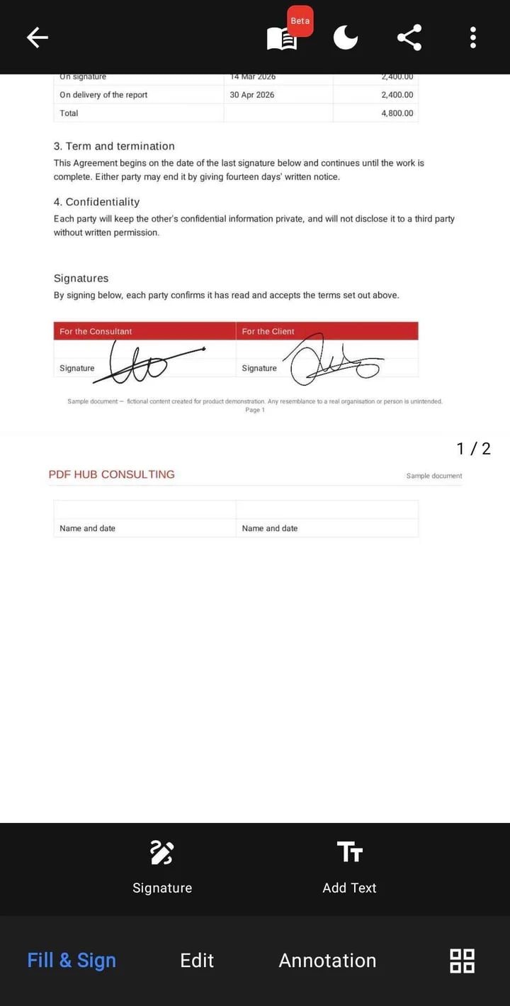 PDFHub signature tools open on a fictional sample agreement