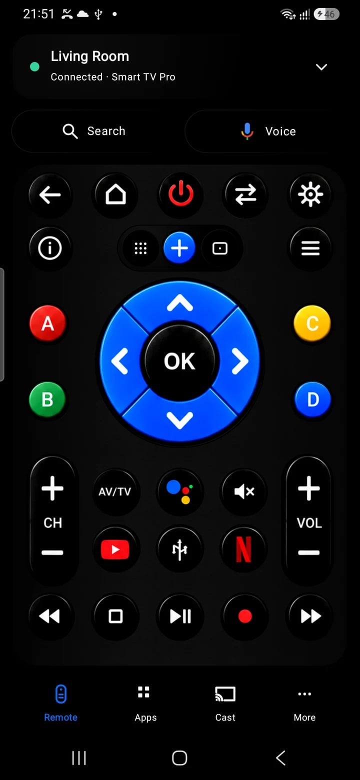 Connected TV remote with blue directional pad, volume, channel and playback controls