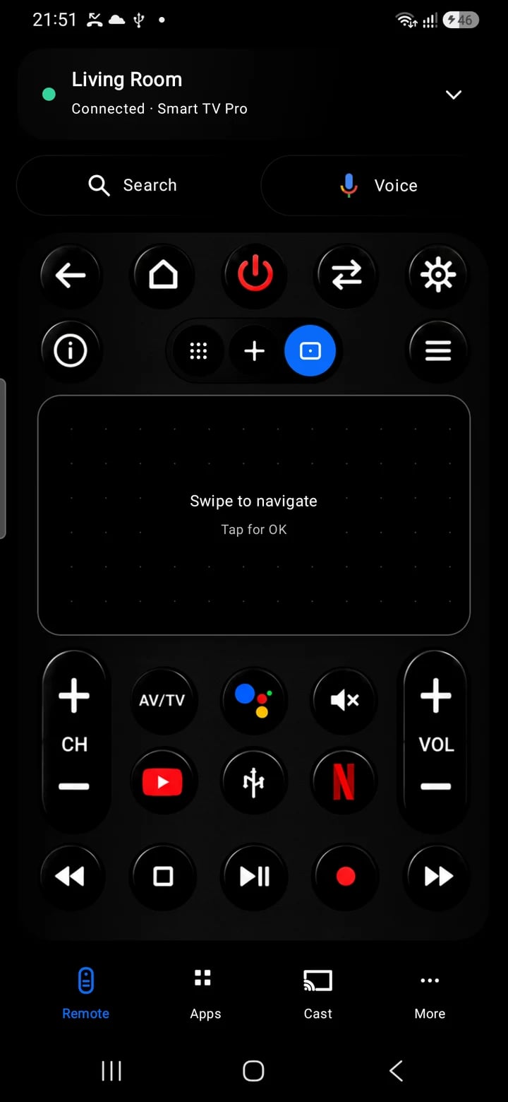 TV remote in touchpad mode with a swipe-to-navigate area