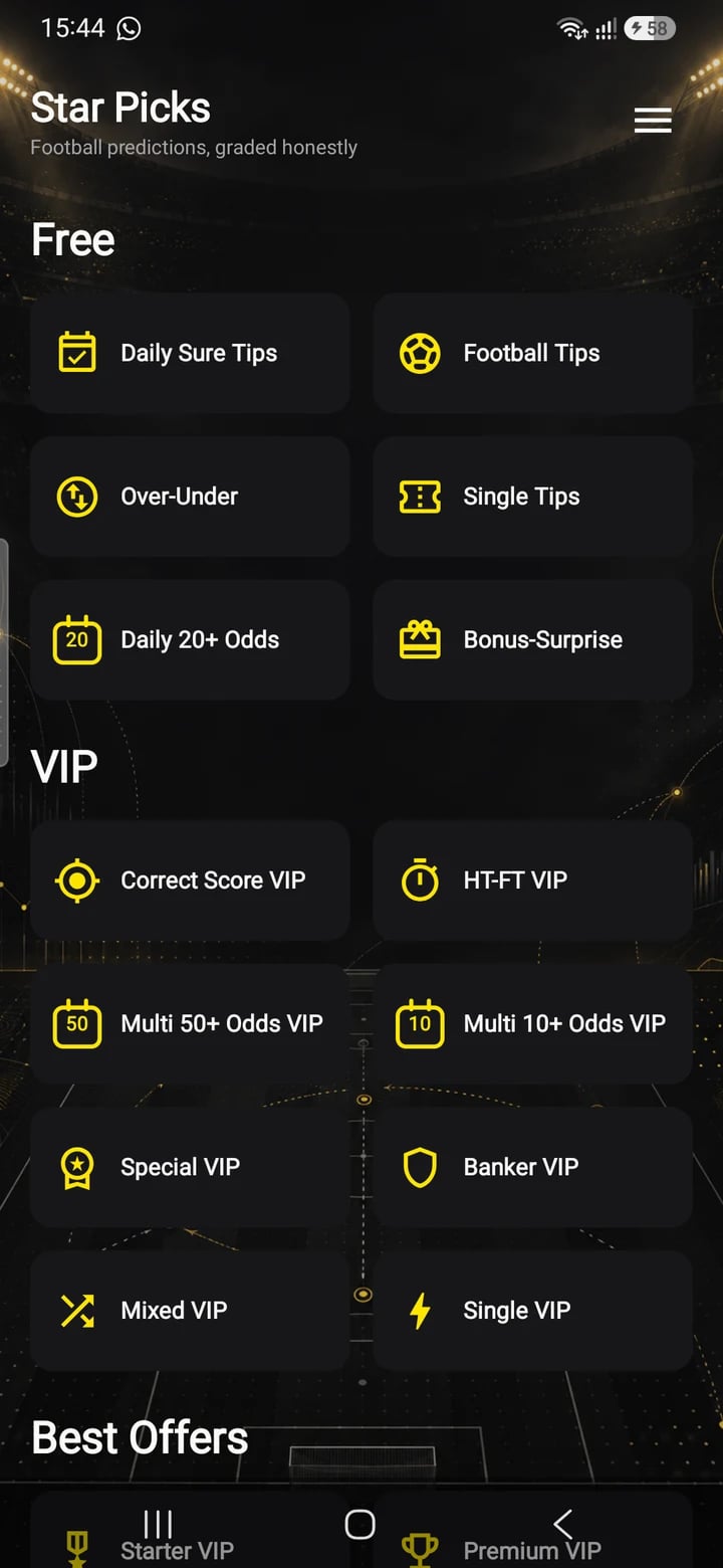 StarPicks closed-test catalogue showing football prediction categories